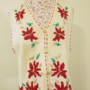 Women's VINTAGE Vest Ivory with Red Poinsettias Beaded Embroidered Size L